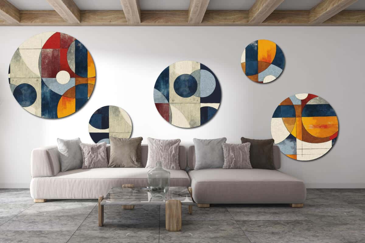 Nowoczesny Zestaw 5 Obrazów Okrągłych – Abstrakcja Geometryczna | Kolorowa ozdoba na ścianę do salonu loft | Dekoracja premium 42200 - zdjęcie 7