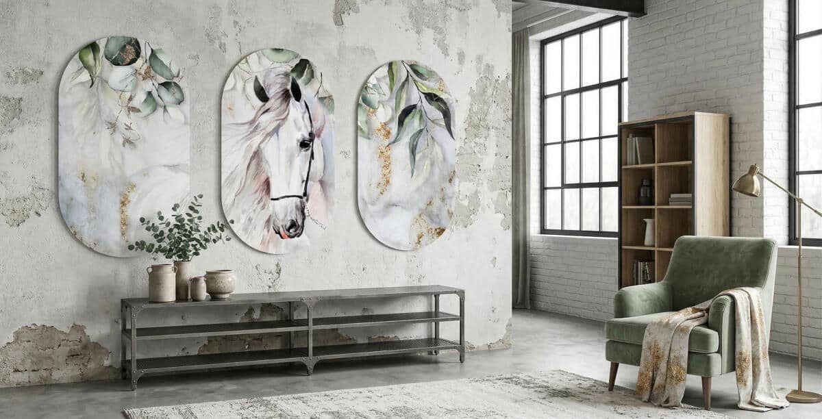 Nowoczesny Komplet 3 Obrazów Elipsy- Koń i Zielone Liście Akwarela 82397 - zdjęcie 3