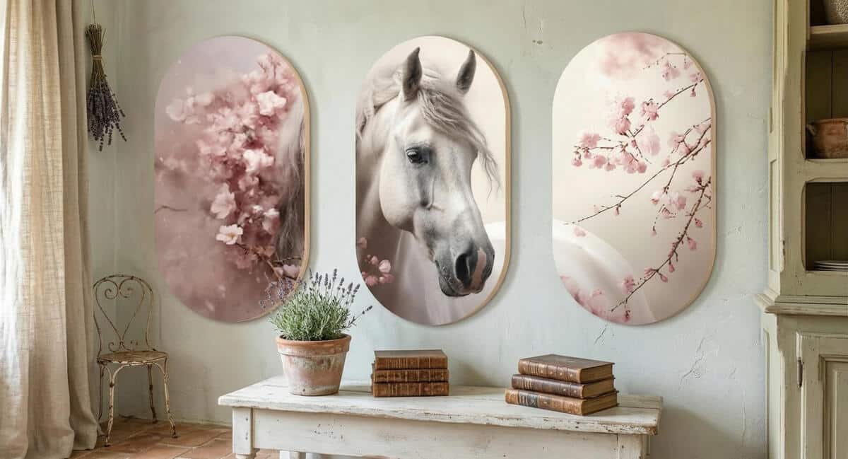 Zestaw obrazów owalnych- Biały Koń w Kwiatach Wiśni | Romantyczna dekoracja ścienna 82394 - zdjęcie 5