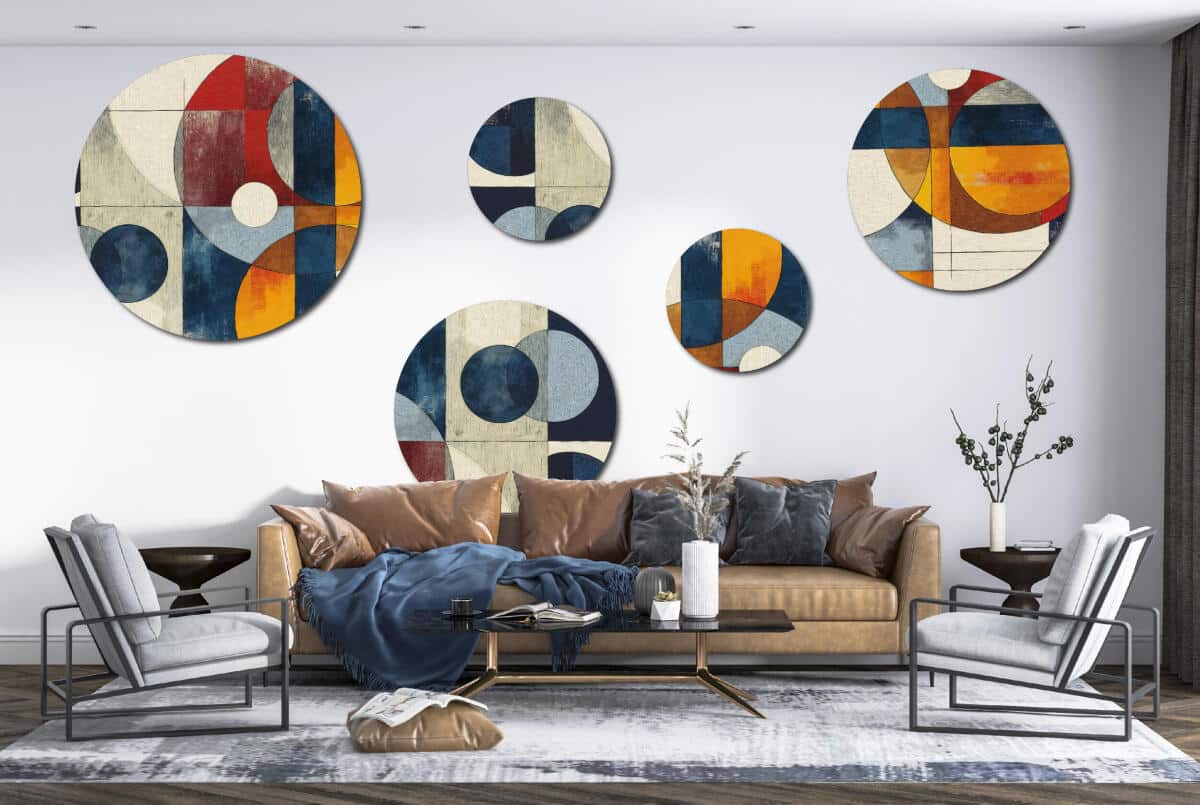 Nowoczesny Zestaw 5 Obrazów Okrągłych – Abstrakcja Geometryczna | Kolorowa ozdoba na ścianę do salonu loft | Dekoracja premium 42200 - zdjęcie 5