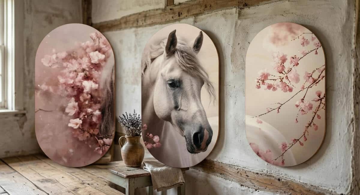 Zestaw obrazów owalnych- Biały Koń w Kwiatach Wiśni | Romantyczna dekoracja ścienna 82394 - zdjęcie 3