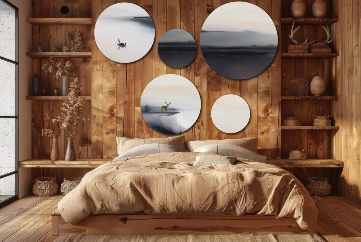 Elegancki Zestaw Obrazów Koła - Łódka na Wodzie i Mgła | Nowoczesna ozdoba ścienna w odcieniach szarości | Styl Skandynawski 42203 - zdjęcie 8