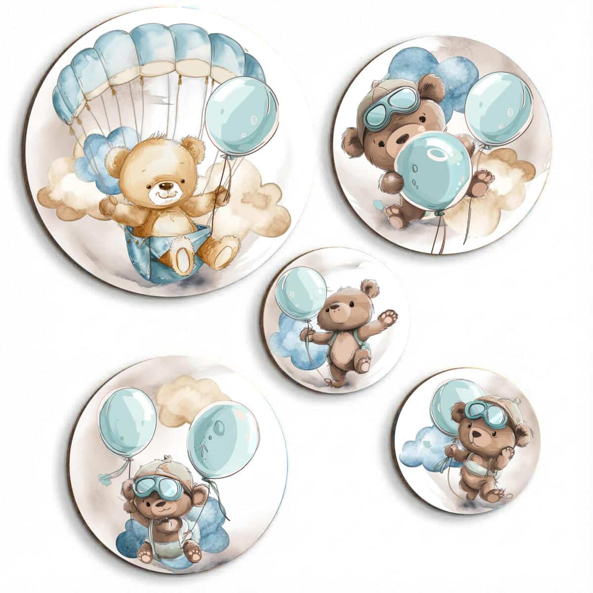 Akwarelowe Misie z Balonami i Spadochronem | Bajkowa ozdoba na ścianę dla dziecka | Zestaw obrazków koła 42195 - zdjęcie 1