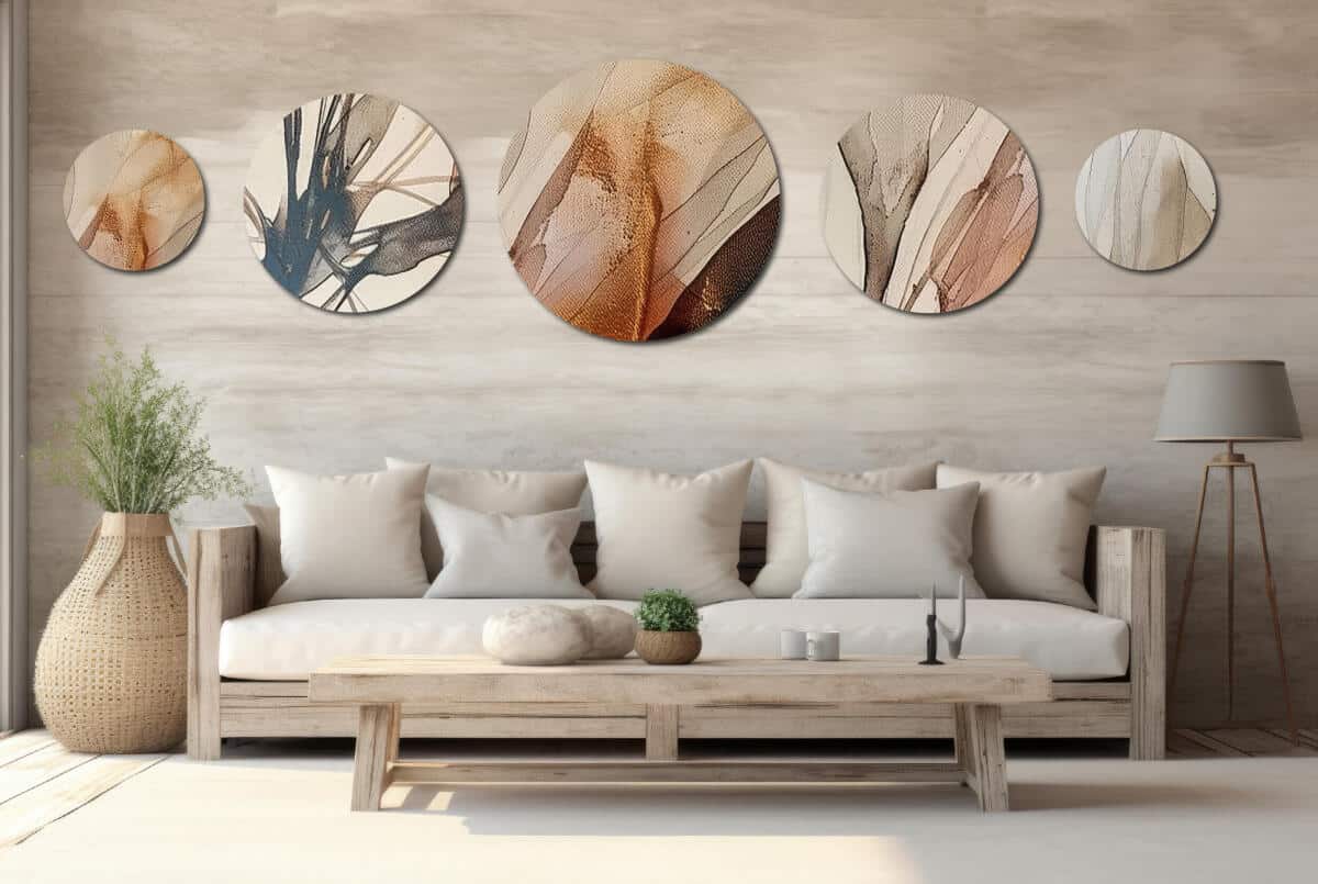 Nowoczesne Obrazy Okrągłe – Beżowa Abstrakcja | Zestaw 5 sztuk w kolorach ziemi | Dekoracja do salonu i sypialni 42214 - zdjęcie 9