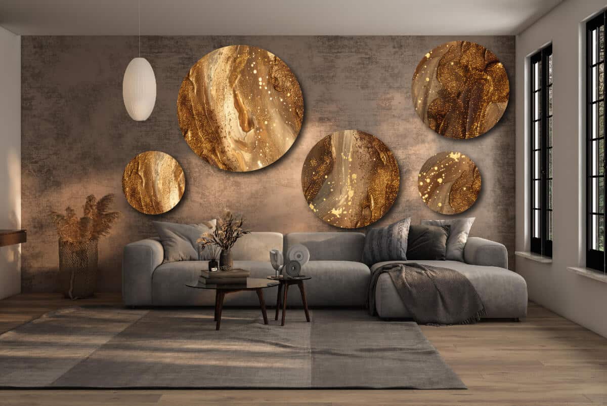 Zestaw obrazów na Ścianę - Efekt Złota i Miedzi | Nowoczesna abstrakcja do eleganckiego wnętrza | Ozdobne koła 42212 - zdjęcie 8