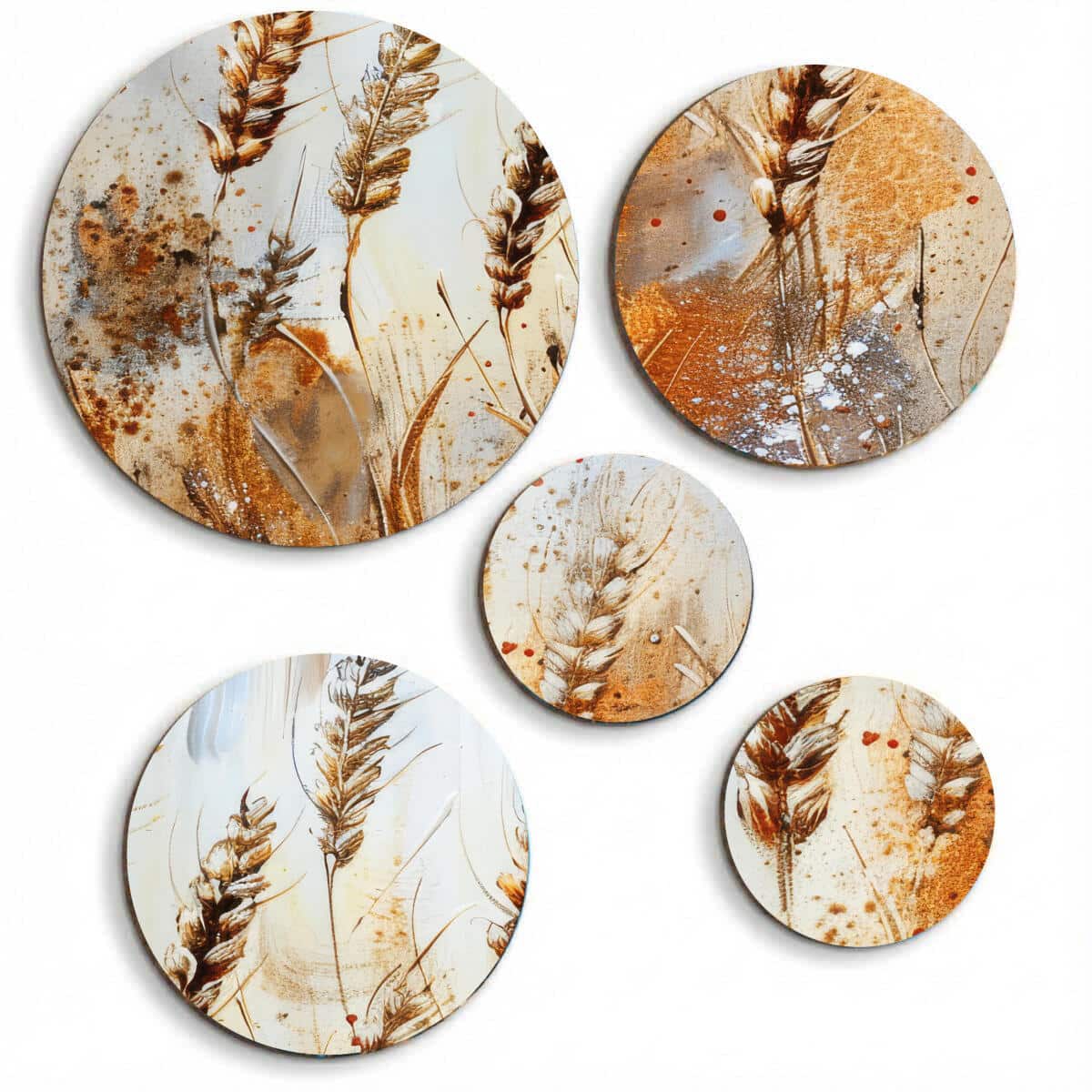 Artystyczne Obrazy Okrągłe - Złote Kłosy Zbóż | Rustykalna dekoracja do jadalni | Malarska abstrakcja roślinna 42210 - zdjęcie 1