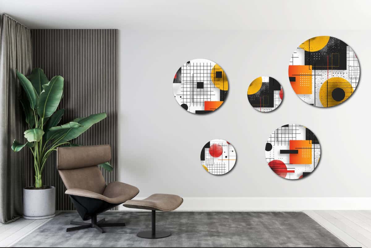 Designerski Komplet Obrazów Koła – Żółta i Pomarańczowa Geometria | Nowoczesna ozdoba na ścianę do biura | Wall art  42207 - zdjęcie 9