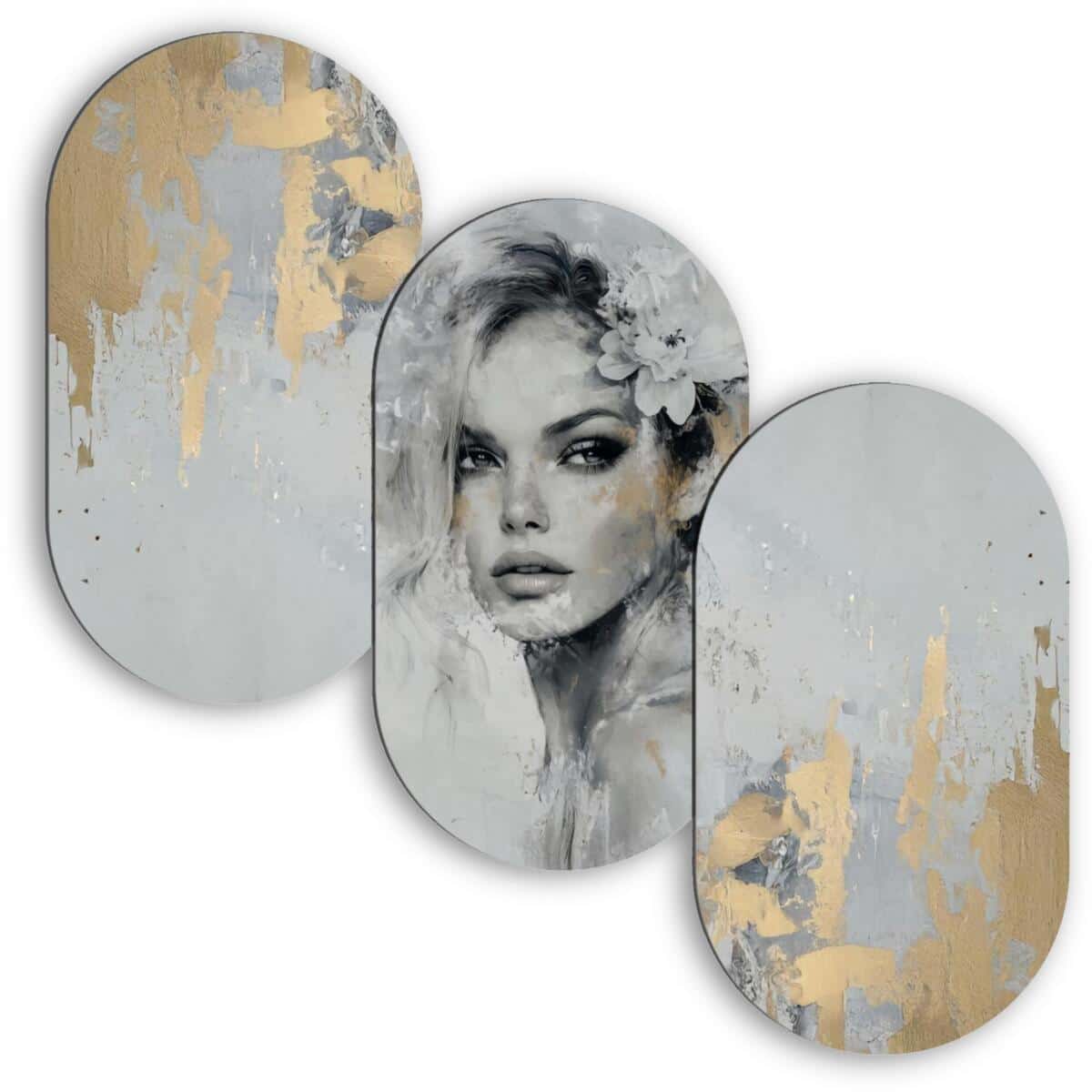 Luksusowy Tryptyk- Portret Kobiety w Szarościach i Złocie | Obrazy Owalne 82398 - zdjęcie 1