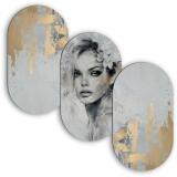 Luksusowy Tryptyk- Portret Kobiety w Szarościach i Złocie | Obrazy Owalne 82398 - miniaturka 1