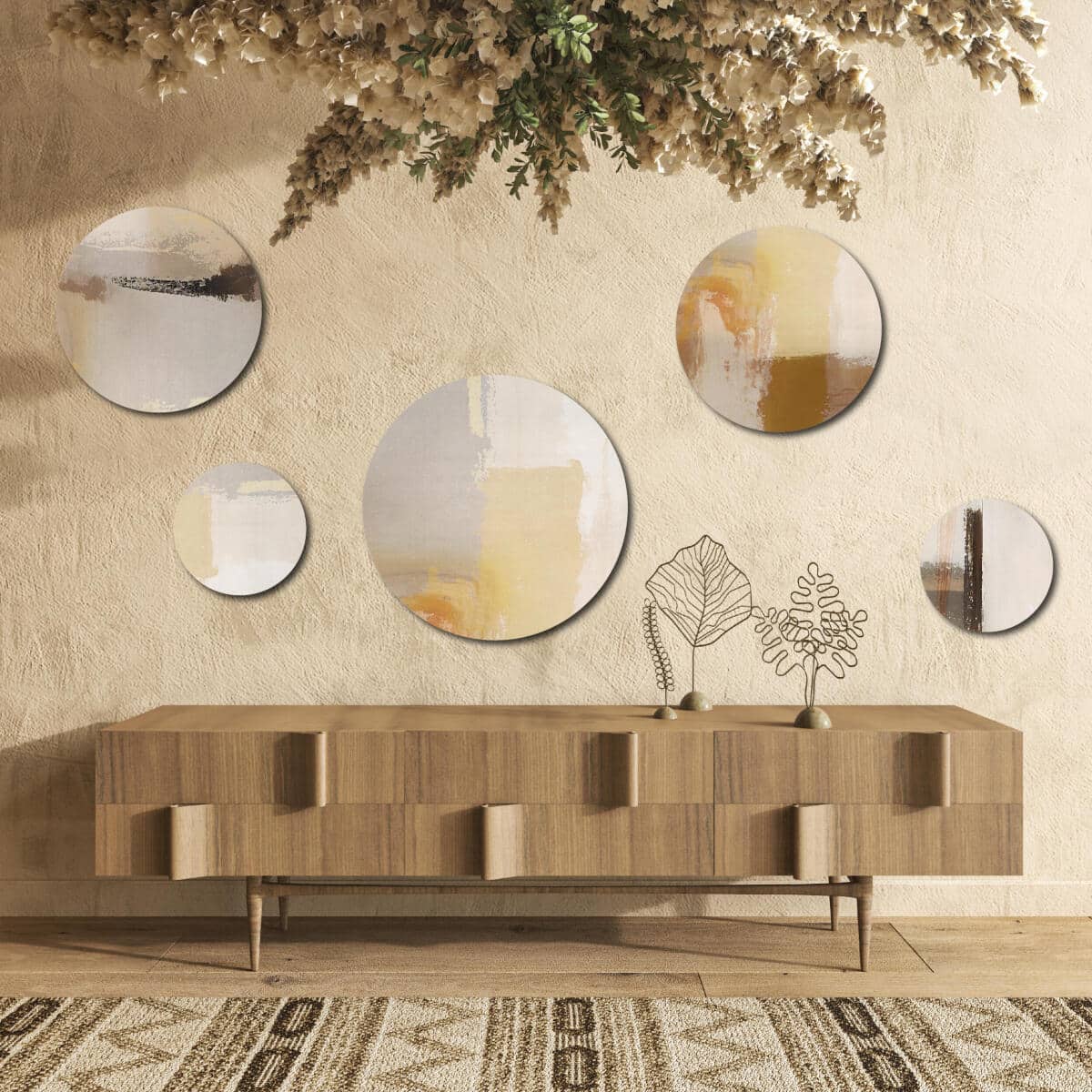 Nowoczesny Zestaw 5 Obrazów Okrągłych – Beżowa Abstrakcja | Piaskowa ozdoba na ścianę do salonu boho | Dekoracja premium 42205 - zdjęcie 9