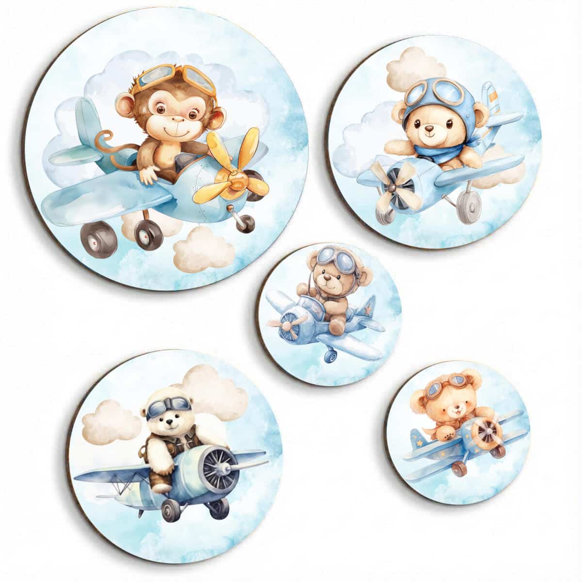 Uroczy Miś i Małpka w Samolocie - Zestaw Okrągły | Akwarelowe ozdoby na ścianę do pokoju dziecka | Błękitna dekoracja 42194 - zdjęcie 1