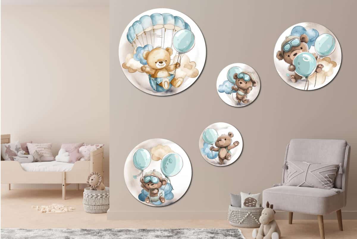 Akwarelowe Misie z Balonami i Spadochronem | Bajkowa ozdoba na ścianę dla dziecka | Zestaw obrazków koła 42195 - zdjęcie 3
