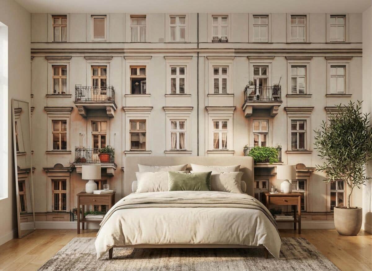 Fototapeta 3D Architektura Miejska- Beżowa Kamienica | Klimatyczna dekoracja do sypialni i gabinetu 51001 - zdjęcie 2