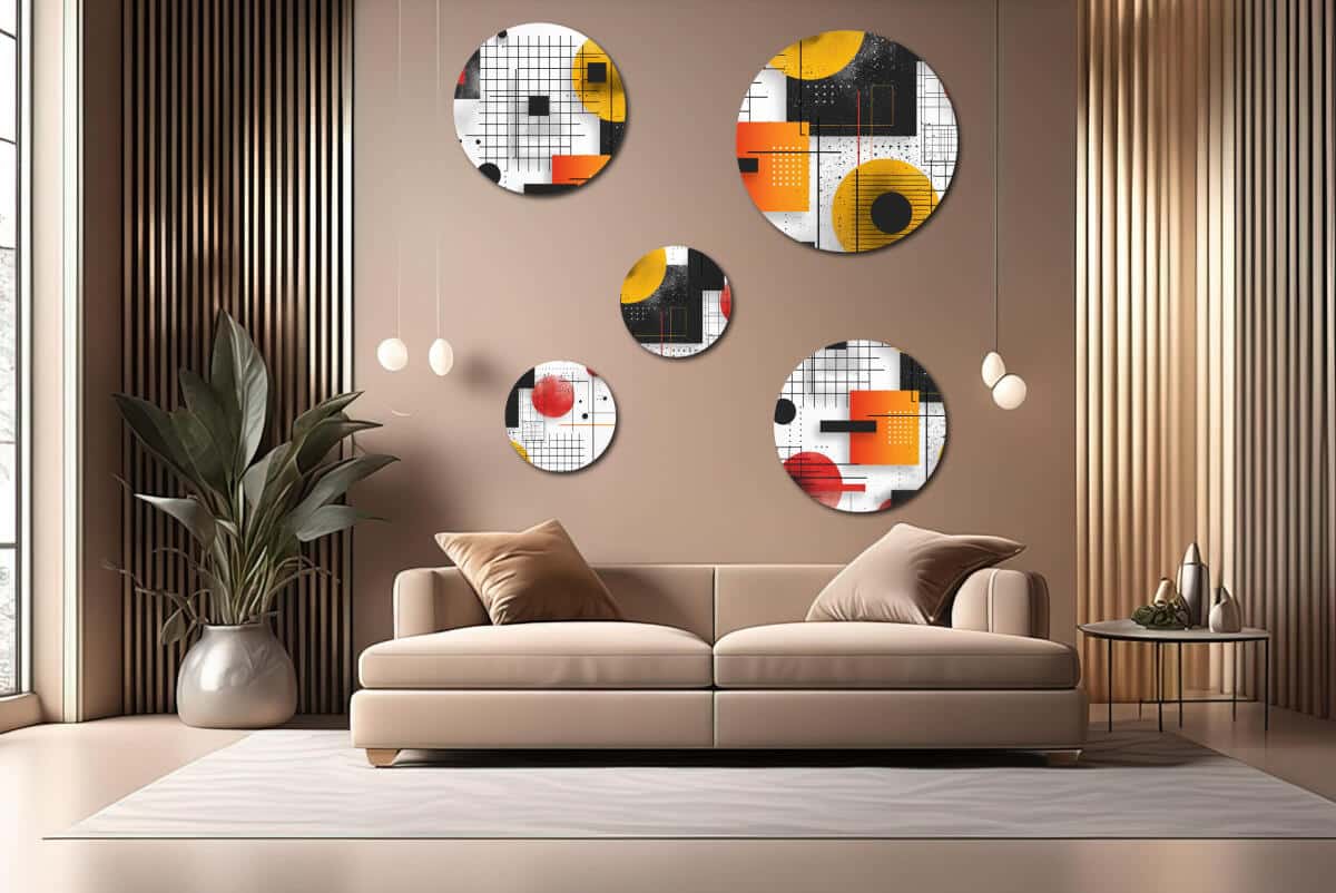 Designerski Komplet Obrazów Koła – Żółta i Pomarańczowa Geometria | Nowoczesna ozdoba na ścianę do biura | Wall art  42207 - zdjęcie 3