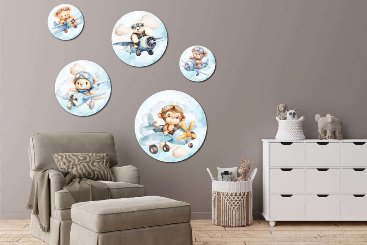 Uroczy Miś i Małpka w Samolocie - Zestaw Okrągły | Akwarelowe ozdoby na ścianę do pokoju dziecka | Błękitna dekoracja 42194 - zdjęcie 3
