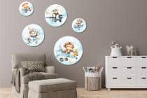 Uroczy Miś i Małpka w Samolocie - Zestaw Okrągły | Akwarelowe ozdoby na ścianę do pokoju dziecka | Błękitna dekoracja 42194 - miniaturka 3
