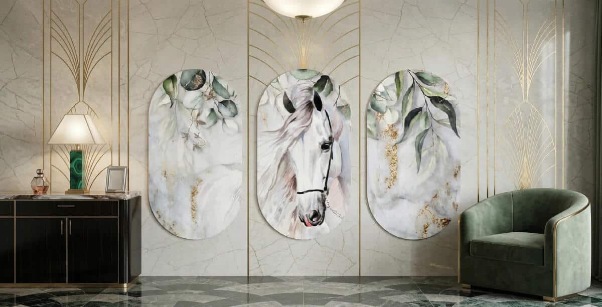 Nowoczesny Komplet 3 Obrazów Elipsy- Koń i Zielone Liście Akwarela 82397 - zdjęcie 6