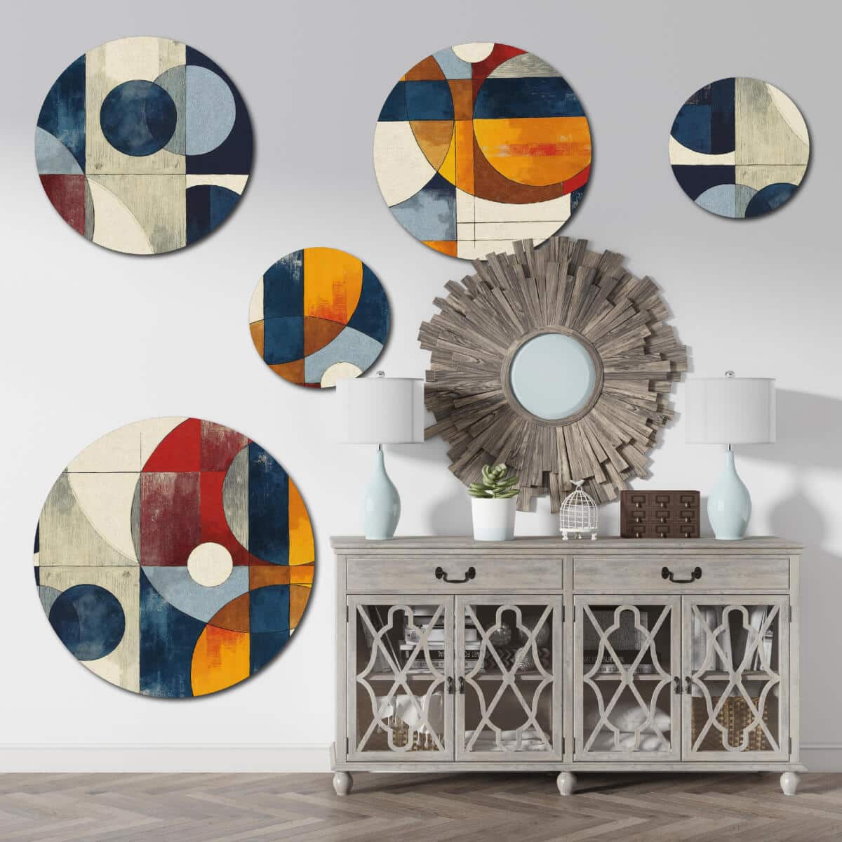 Nowoczesny Zestaw 5 Obrazów Okrągłych – Abstrakcja Geometryczna | Kolorowa ozdoba na ścianę do salonu loft | Dekoracja premium 42200 - zdjęcie 6