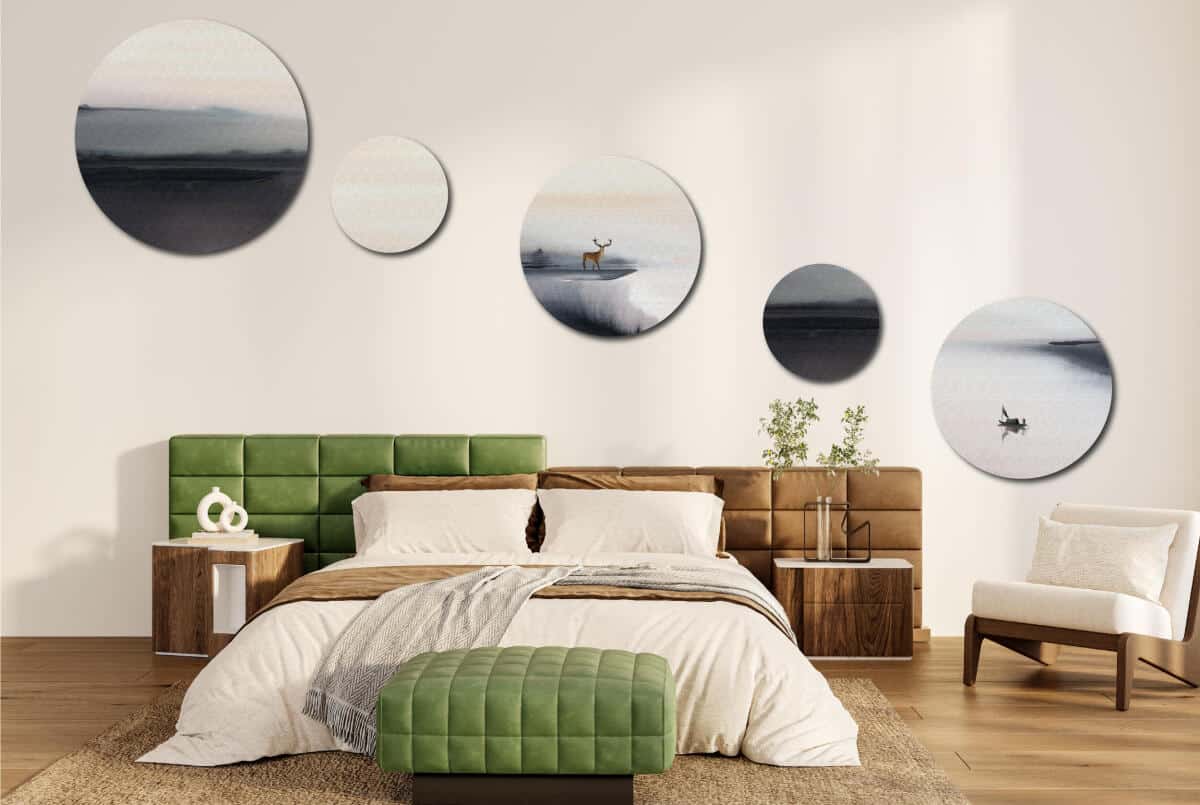 Elegancki Zestaw Obrazów Koła - Łódka na Wodzie i Mgła | Nowoczesna ozdoba ścienna w odcieniach szarości | Styl Skandynawski 42203 - zdjęcie 6