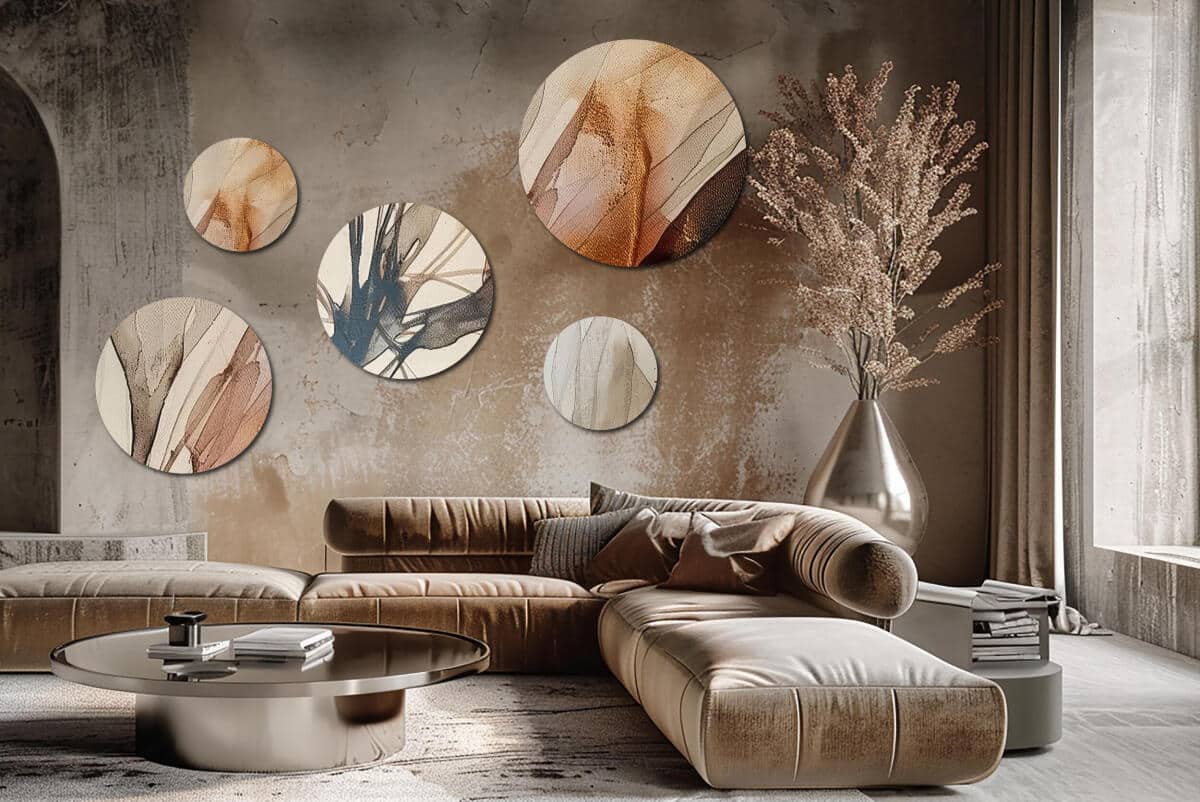 Nowoczesne Obrazy Okrągłe – Beżowa Abstrakcja | Zestaw 5 sztuk w kolorach ziemi | Dekoracja do salonu i sypialni 42214 - zdjęcie 8