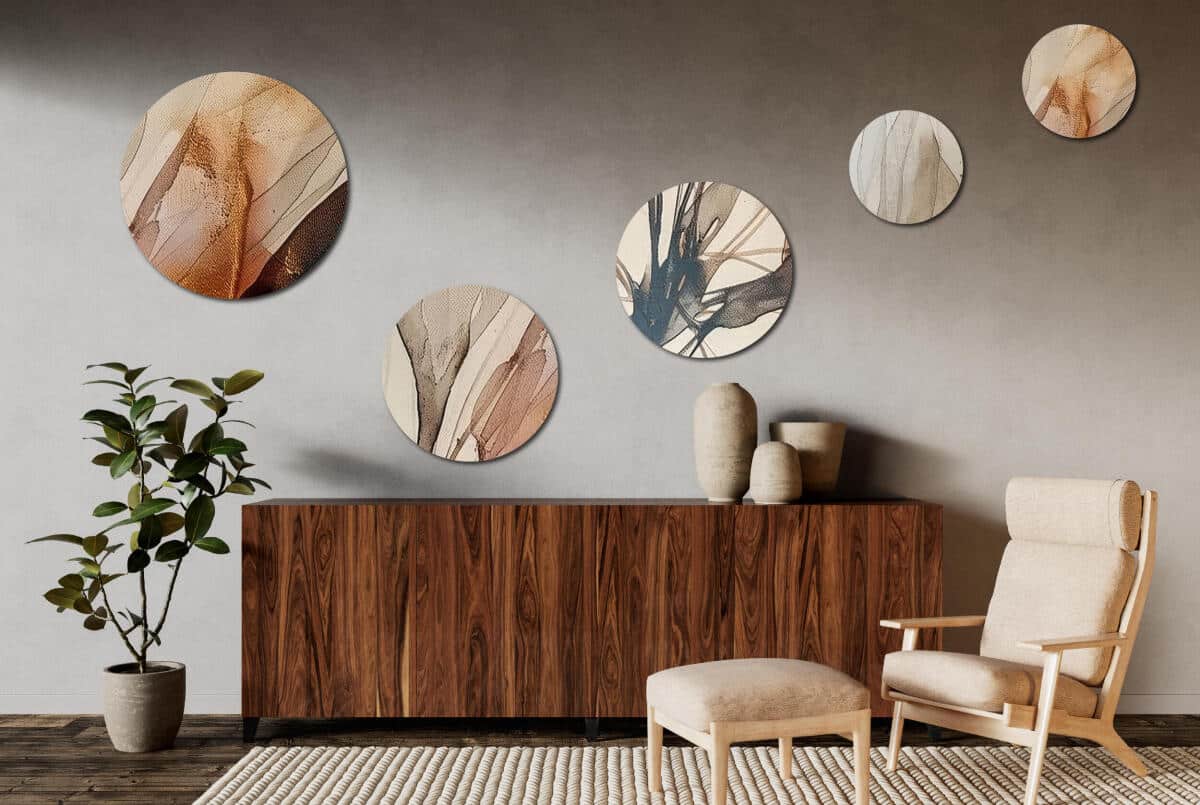 Nowoczesne Obrazy Okrągłe – Beżowa Abstrakcja | Zestaw 5 sztuk w kolorach ziemi | Dekoracja do salonu i sypialni 42214 - zdjęcie 4