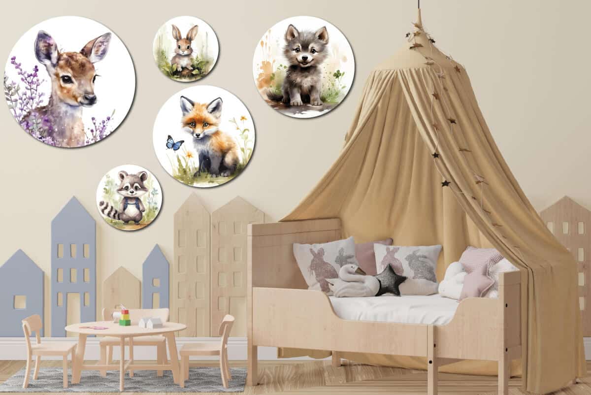 Leśne Zwierzęta - Obrazy Okrągłe | Sarenka, Lis, Szop, Wilczek | Dekoracja do pokoju dziecka 42196 - zdjęcie 4