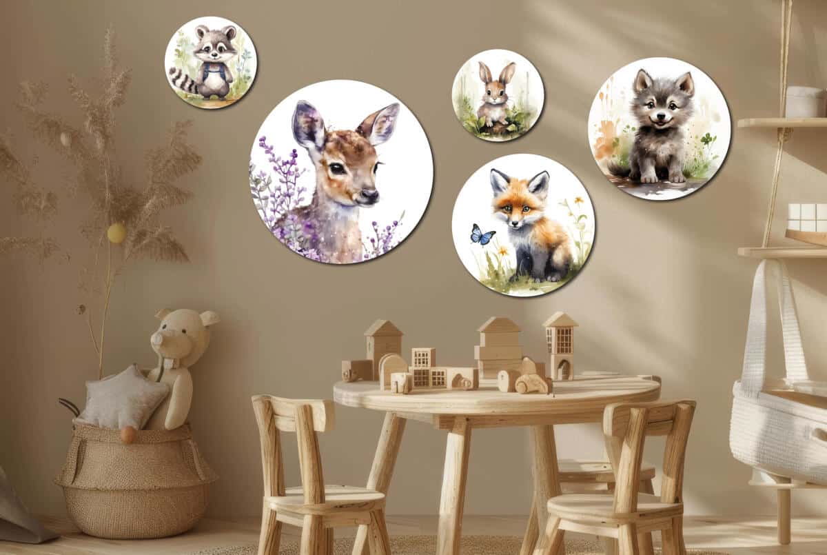 Leśne Zwierzęta - Obrazy Okrągłe | Sarenka, Lis, Szop, Wilczek | Dekoracja do pokoju dziecka 42196 - zdjęcie 5