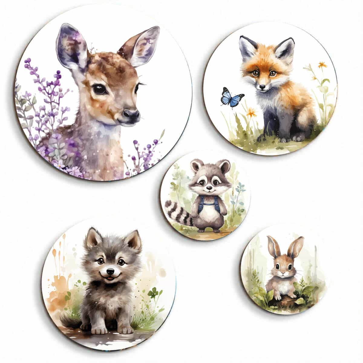 Leśne Zwierzęta - Obrazy Okrągłe | Sarenka, Lis, Szop, Wilczek | Dekoracja do pokoju dziecka 42196 - zdjęcie 1