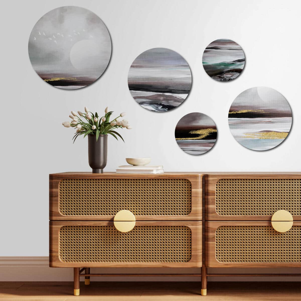 Minimalistyczne Obrazy Okrągłe – Krajobraz z Ptakami | Złota Abstrakcja na ścianę | Dekoracja do Salonu 42213 - zdjęcie 2