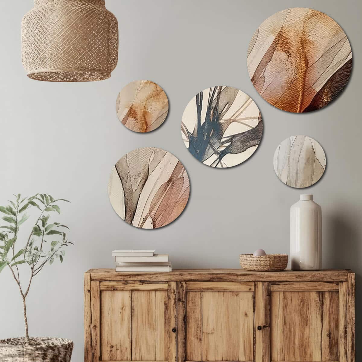 Nowoczesne Obrazy Okrągłe – Beżowa Abstrakcja | Zestaw 5 sztuk w kolorach ziemi | Dekoracja do salonu i sypialni 42214 - zdjęcie 5