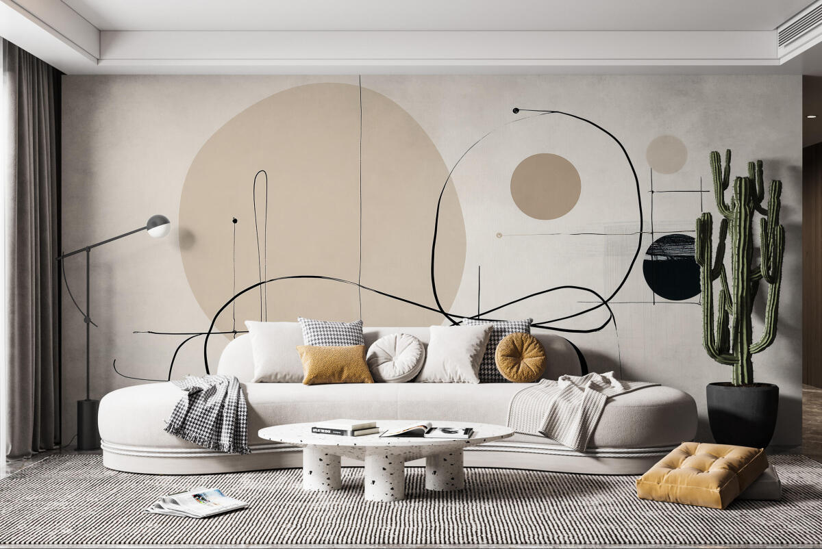 Nowoczesna Fototapeta Abstrakcyjna - Geometryczne Koła i Linie | Beżowa dekoracja na ścianę do salonu 94252 - zdjęcie 3