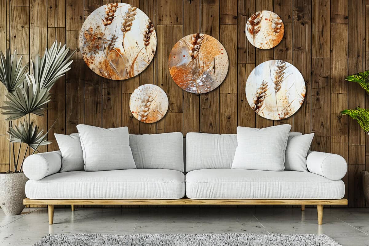 Artystyczne Obrazy Okrągłe - Złote Kłosy Zbóż | Rustykalna dekoracja do jadalni | Malarska abstrakcja roślinna 42210 - zdjęcie 5