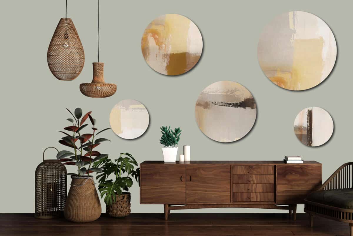 Nowoczesny Zestaw 5 Obrazów Okrągłych – Beżowa Abstrakcja | Piaskowa ozdoba na ścianę do salonu boho | Dekoracja premium 42205 - zdjęcie 3
