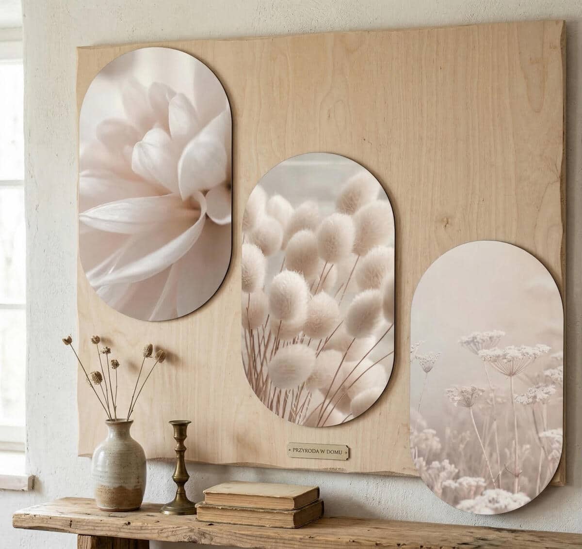 Beżowy Tryptyk w stylu Boho-  Trawy | Oryginalny Zestaw Obrazów w kształcie Elipsy 82395 - zdjęcie 4