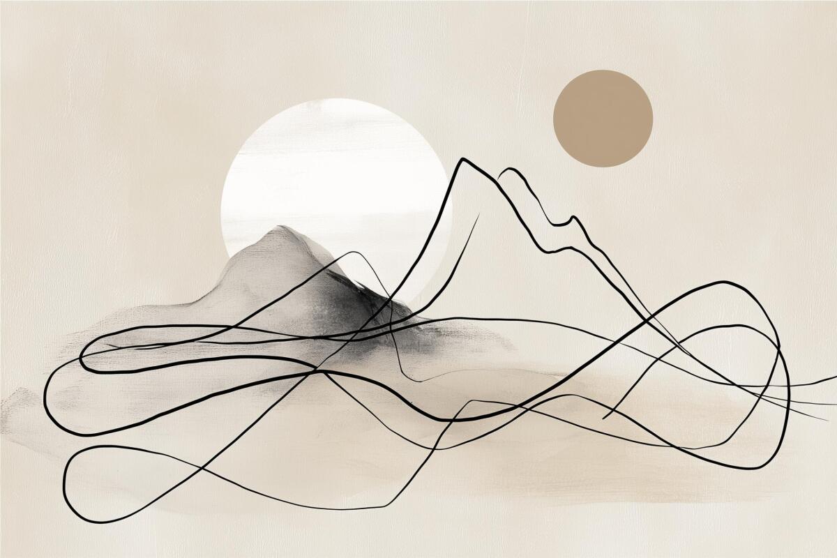 Beżowa Fototapeta do sypialni, salonu | Minimalistyczny Krajobraz- Góry Line Art 94256 - zdjęcie 4