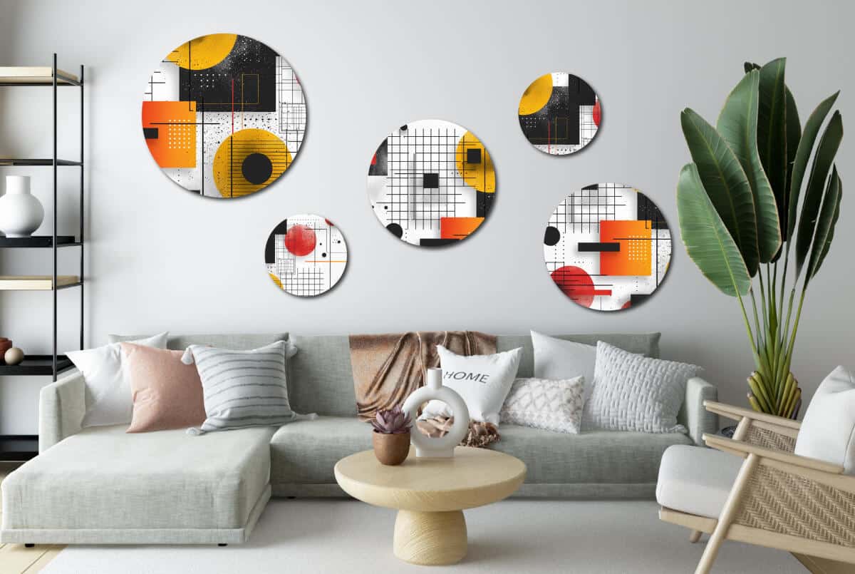 Designerski Komplet Obrazów Koła – Żółta i Pomarańczowa Geometria | Nowoczesna ozdoba na ścianę do biura | Wall art  42207 - zdjęcie 6