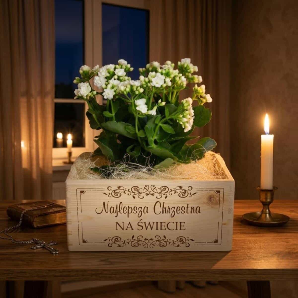 Skrzynka drewniana na kwiaty, Chrzest, Komunia, podziękowanie dla Chrzestnej  01 - zdjęcie 4