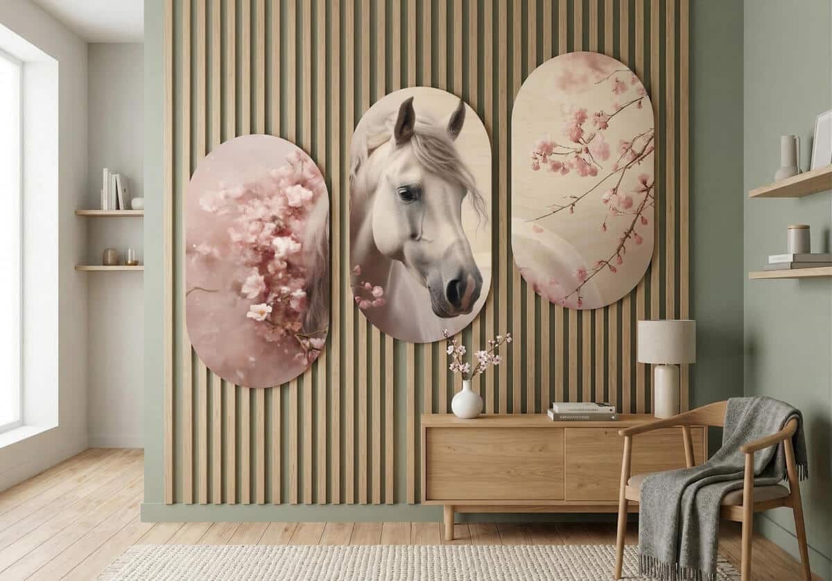 Zestaw obrazów owalnych- Biały Koń w Kwiatach Wiśni | Romantyczna dekoracja ścienna 82394 - zdjęcie 4