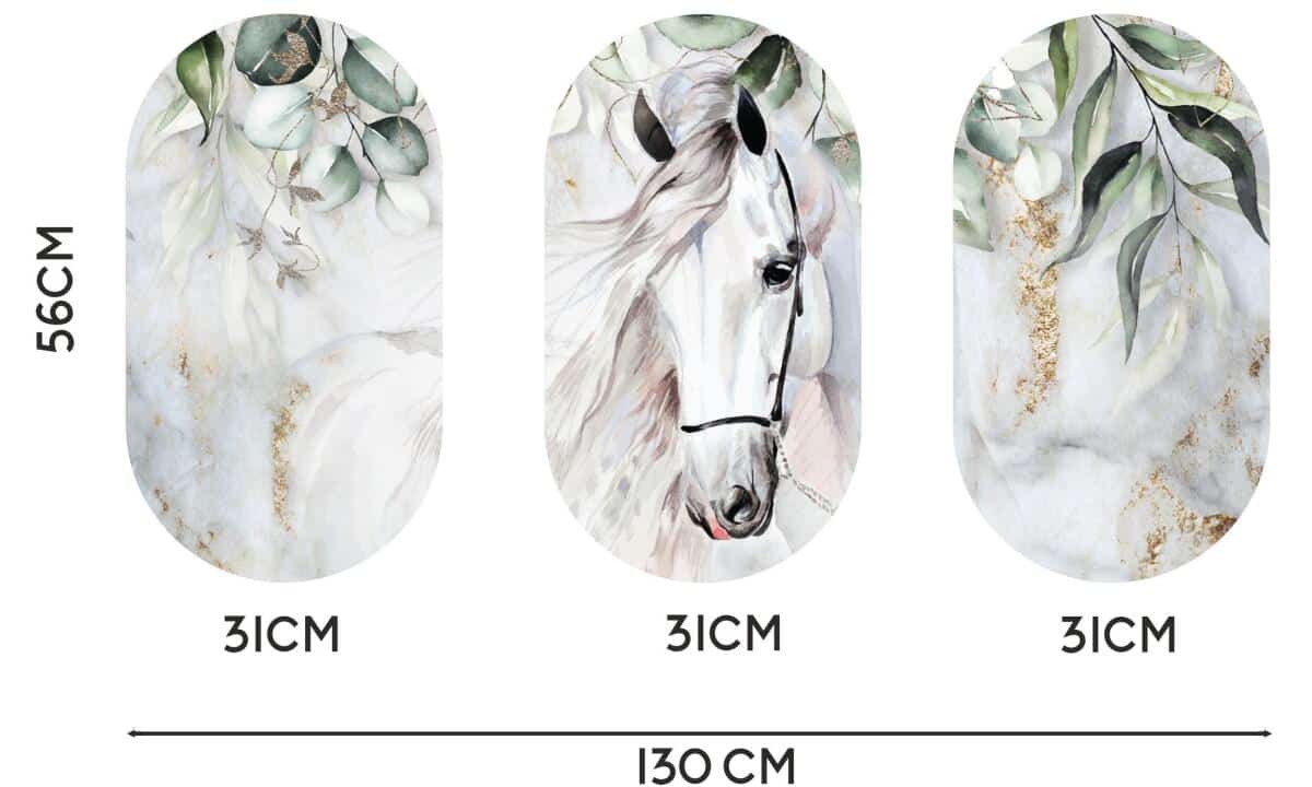 Nowoczesny Komplet 3 Obrazów Elipsy- Koń i Zielone Liście Akwarela 82397 - zdjęcie 2