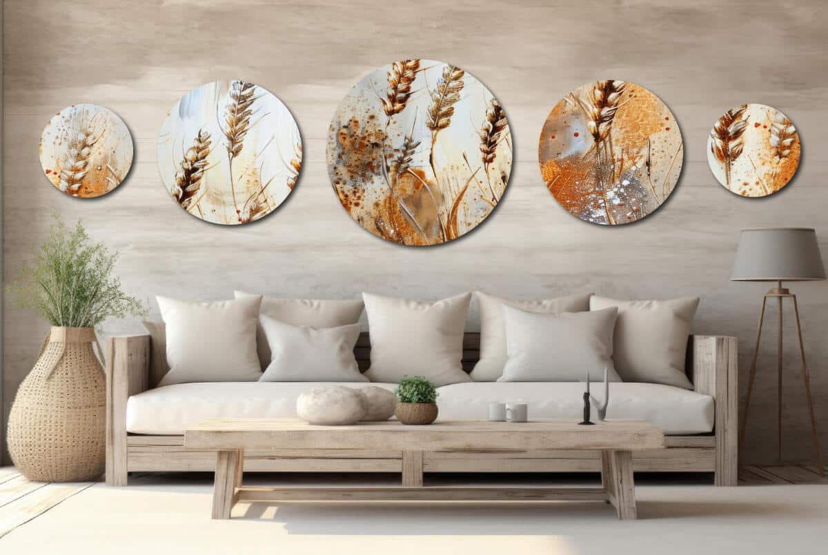 Artystyczne Obrazy Okrągłe - Złote Kłosy Zbóż | Rustykalna dekoracja do jadalni | Malarska abstrakcja roślinna 42210 - zdjęcie 6