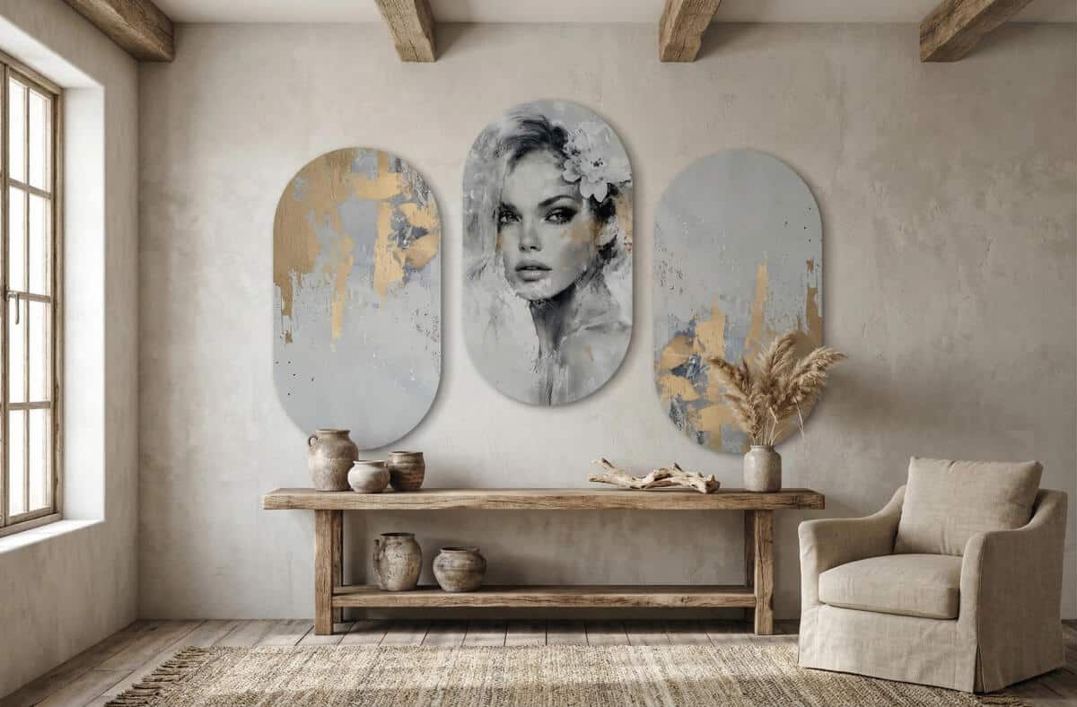 Luksusowy Tryptyk- Portret Kobiety w Szarościach i Złocie | Obrazy Owalne 82398 - zdjęcie 4