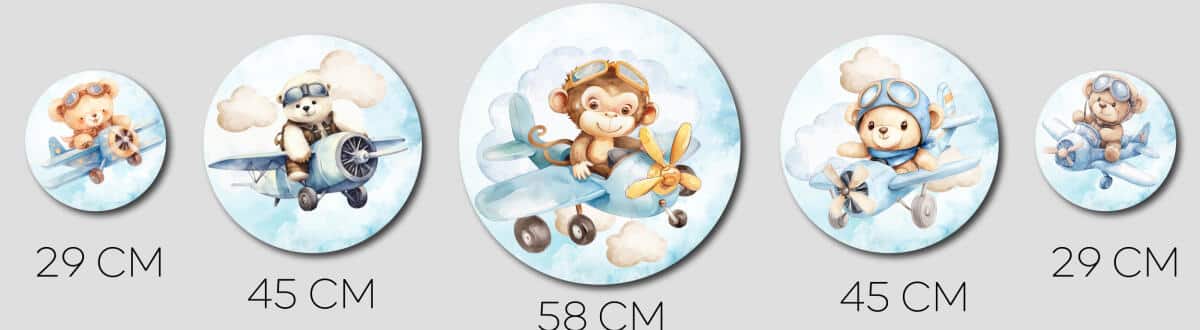 Uroczy Miś i Małpka w Samolocie - Zestaw Okrągły | Akwarelowe ozdoby na ścianę do pokoju dziecka | Błękitna dekoracja 42194 - zdjęcie 9
