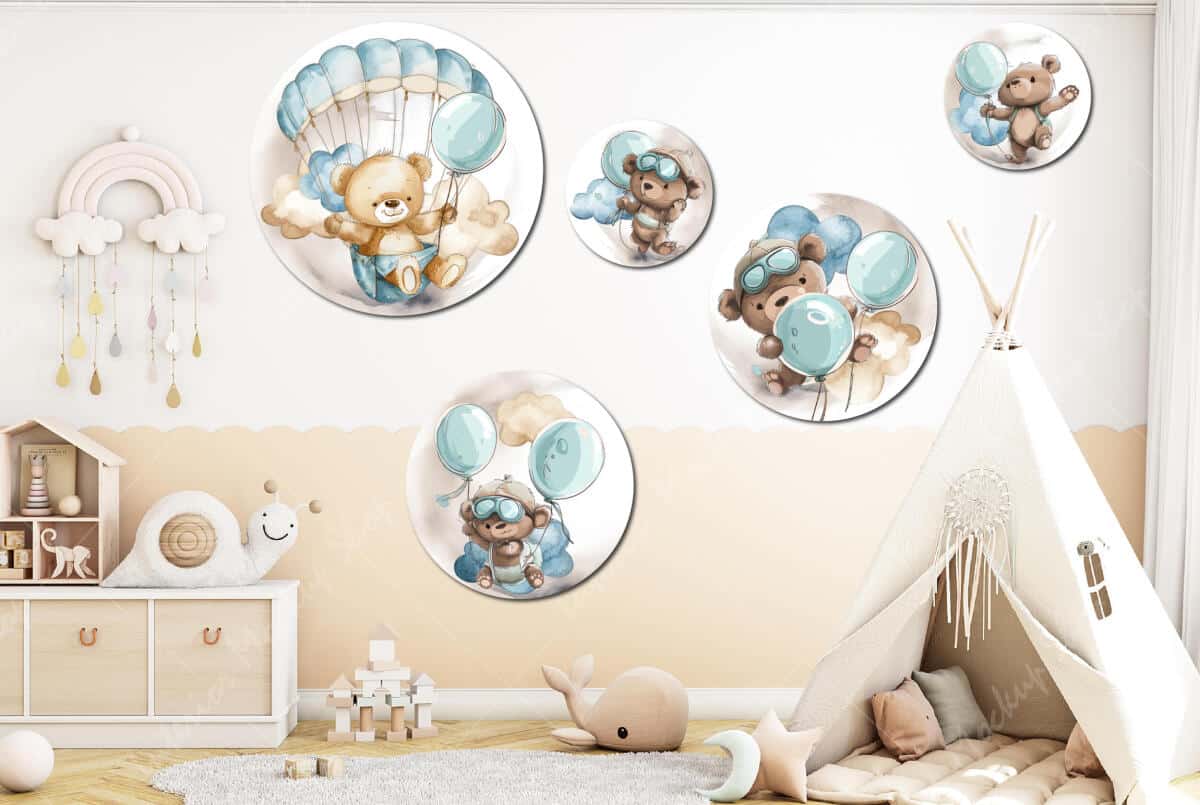 Akwarelowe Misie z Balonami i Spadochronem | Bajkowa ozdoba na ścianę dla dziecka | Zestaw obrazków koła 42195 - zdjęcie 4