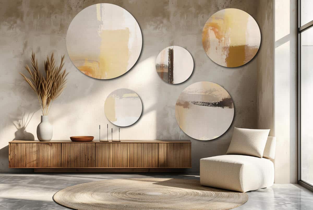 Nowoczesny Zestaw 5 Obrazów Okrągłych – Beżowa Abstrakcja | Piaskowa ozdoba na ścianę do salonu boho | Dekoracja premium 42205 - zdjęcie 8