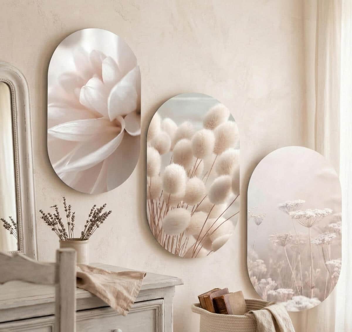 Beżowy Tryptyk w stylu Boho-  Trawy | Oryginalny Zestaw Obrazów w kształcie Elipsy 82395 - zdjęcie 5