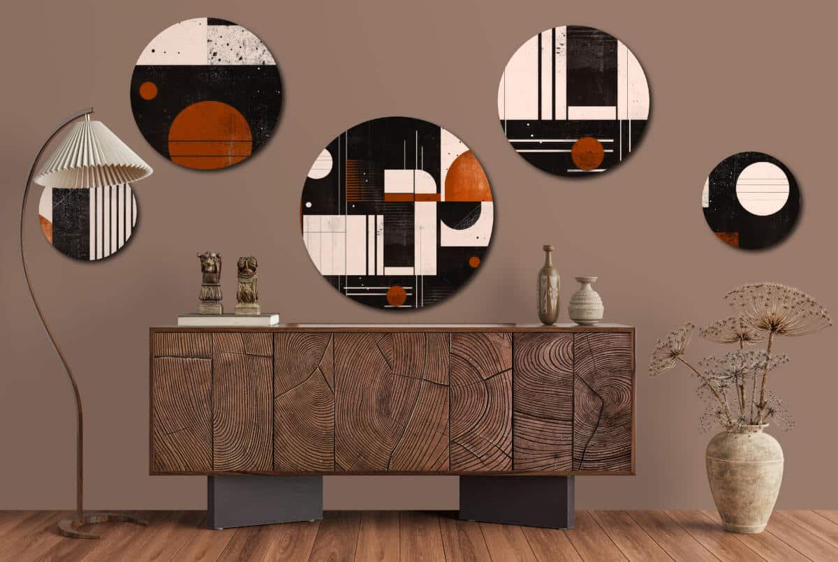 Nowoczesne Obrazy Okrągłe – Abstrakcja Geometryczna | Stylowy zestaw ozdób ściennych | Loftowa dekoracja do salonu 42204 - zdjęcie 6