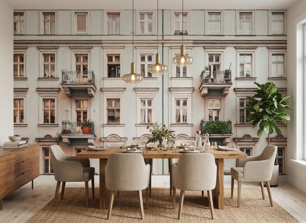 Fototapeta 3D Architektura Miejska- Beżowa Kamienica | Klimatyczna dekoracja do sypialni i gabinetu 51001 - zdjęcie 1