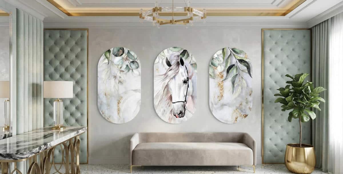 Nowoczesny Komplet 3 Obrazów Elipsy- Koń i Zielone Liście Akwarela 82397 - zdjęcie 4