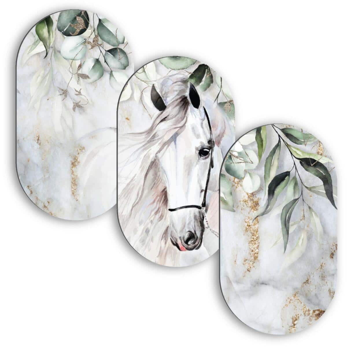 Nowoczesny Komplet 3 Obrazów Elipsy- Koń i Zielone Liście Akwarela 82397