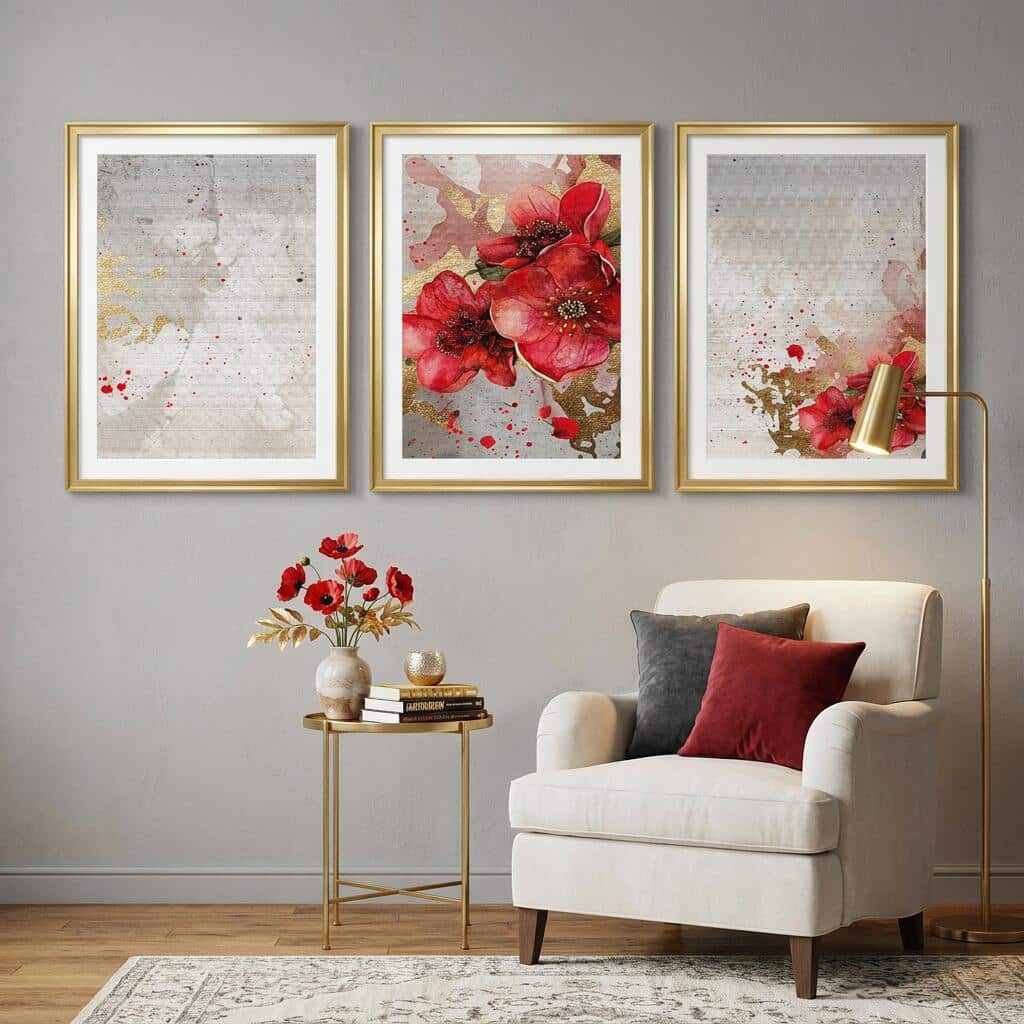 Elegancki Zestaw 3 Plakatów- Czerwone Kwiaty, Maki | Tryptyk Glamour ze złotymi akcentami 42248 - zdjęcie 3